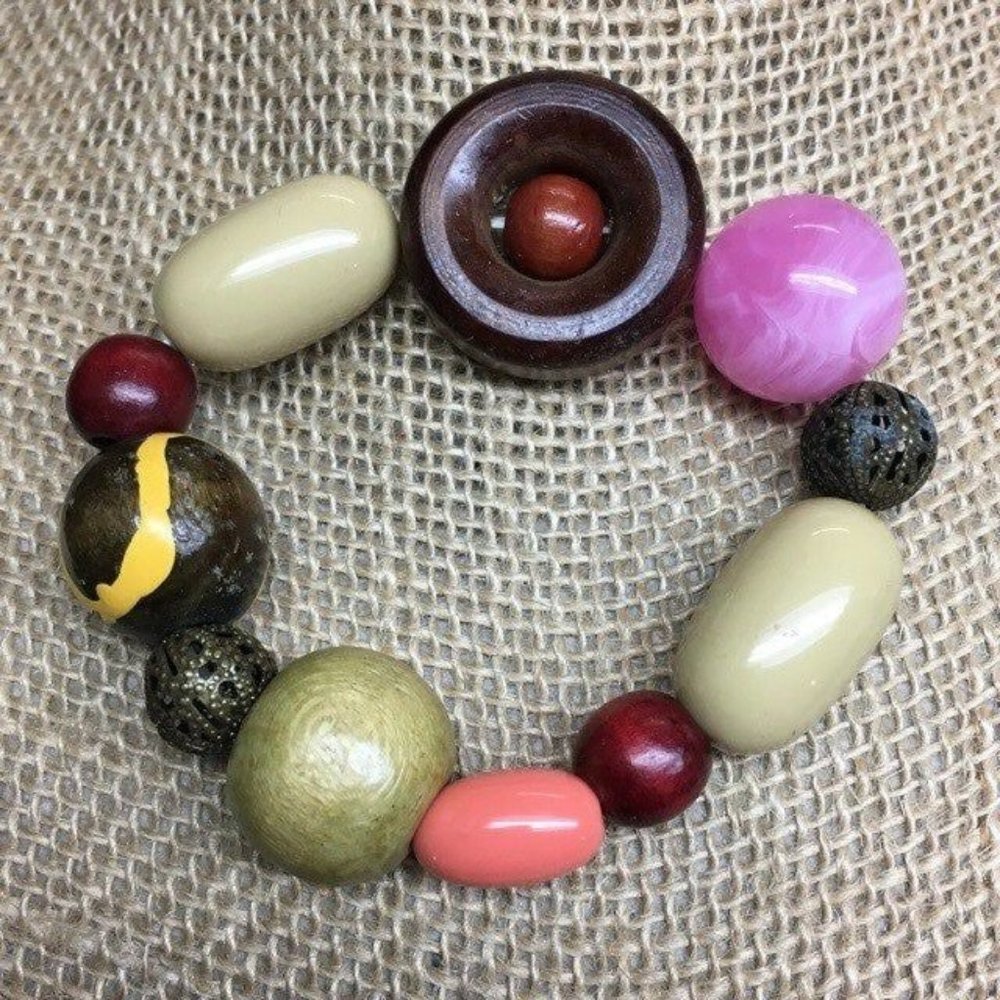 Pink Glass Marbled Bracelet Chunky Bronze Ring Wood Retro Mod Barbie Soft Girl